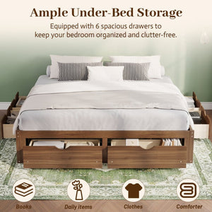 English Elm King Pine Platform Bed with Six Hidden Storage Drawers Low Profile Walnut Finish Natural Walnut W504S00338