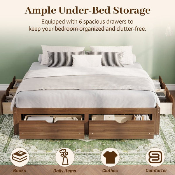 English Elm King Pine Platform Bed with Six Hidden Storage Drawers Low Profile Walnut Finish Natural Walnut W504S00338