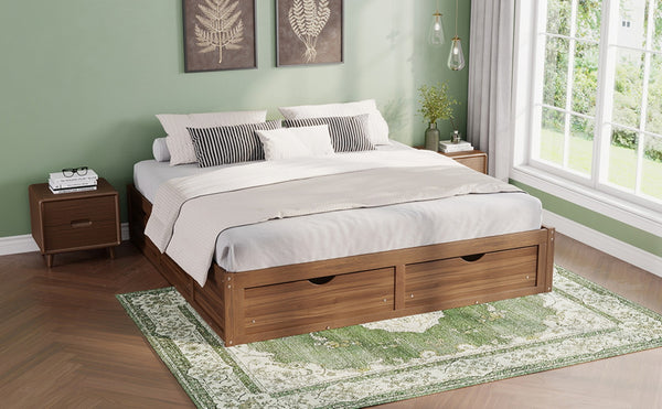 English Elm King Pine Platform Bed with Six Hidden Storage Drawers Low Profile Walnut Finish Natural Walnut W504S00338