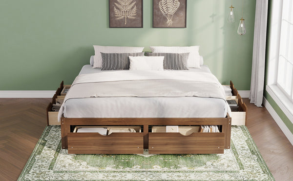 English Elm King Pine Platform Bed with Six Hidden Storage Drawers Low Profile Walnut Finish Natural Walnut W504S00338