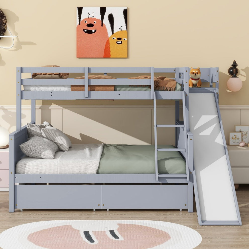 English Elm Twin Over Full Kids Bunk Bed Rubberwood Frame with Slide Shelving and Storage W504S00341