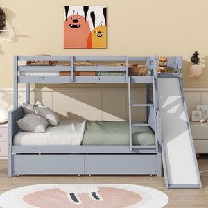 English Elm Twin Over Full Kids Bunk Bed Rubberwood Frame with Slide Shelving and Storage W504S00341