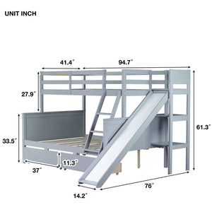 English Elm Twin Over Full Kids Bunk Bed Rubberwood Frame with Slide Shelving and Storage W504S00341