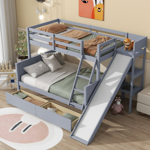 English Elm Twin Over Full Kids Bunk Bed Rubberwood Frame with Slide Shelving and Storage W504S00341