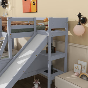 English Elm Twin Over Full Kids Bunk Bed Rubberwood Frame with Slide Shelving and Storage W504S00341