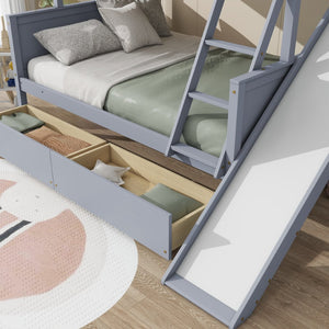 English Elm Twin Over Full Kids Bunk Bed Rubberwood Frame with Slide Shelving and Storage W504S00341