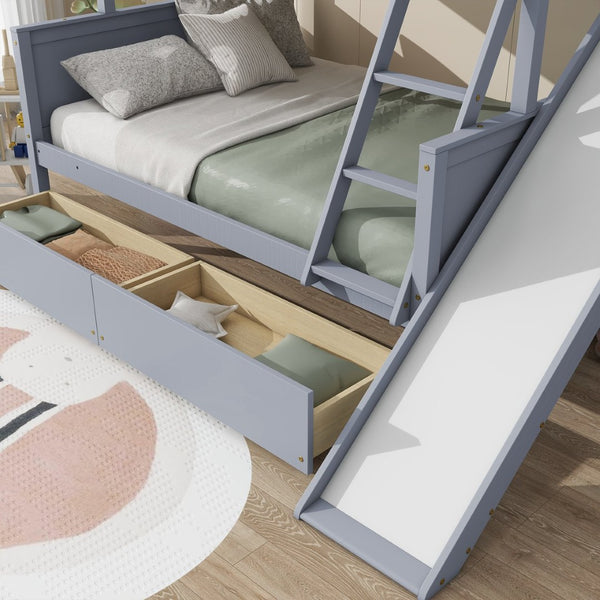 English Elm Twin Over Full Kids Bunk Bed Rubberwood Frame with Slide Shelving and Storage W504S00341