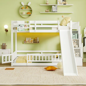 English Elm Twin Over Bunk Bed Solid Pine Frame with Slide LED Lights and Storage Staircase White 94.4 L x 100.4 W x 59.8 H W504S00348
