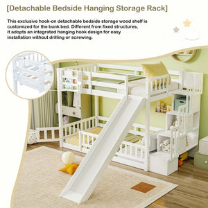 English Elm Twin Over Bunk Bed Solid Pine Frame with Slide LED Lights and Storage Staircase White 94.4 L x 100.4 W x 59.8 H W504S00348