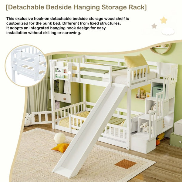 English Elm Twin Over Bunk Bed Solid Pine Frame with Slide LED Lights and Storage Staircase White 94.4 L x 100.4 W x 59.8 H W504S00348
