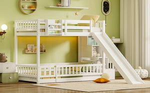 English Elm Twin Over Bunk Bed Solid Pine Frame with Slide LED Lights and Storage Staircase White 94.4 L x 100.4 W x 59.8 H W504S00348