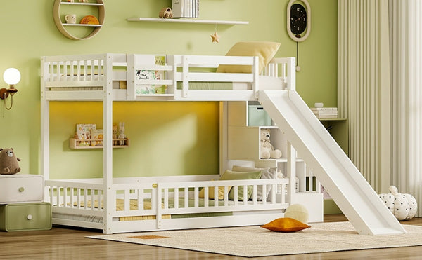 English Elm Twin Over Bunk Bed Solid Pine Frame with Slide LED Lights and Storage Staircase White 94.4 L x 100.4 W x 59.8 H W504S00348