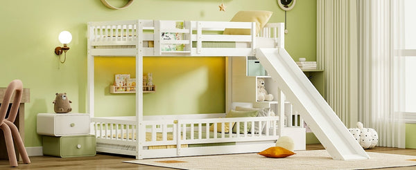 English Elm Twin Over Bunk Bed Solid Pine Frame with Slide LED Lights and Storage Staircase White 94.4 L x 100.4 W x 59.8 H W504S00348