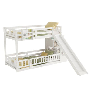 English Elm Twin Over Bunk Bed Solid Pine Frame with Slide LED Lights and Storage Staircase White 94.4 L x 100.4 W x 59.8 H W504S00348