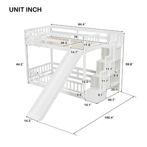English Elm Twin Over Bunk Bed Solid Pine Frame with Slide LED Lights and Storage Staircase White 94.4 L x 100.4 W x 59.8 H W504S00348
