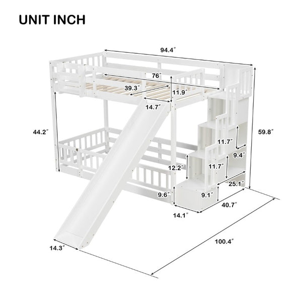 English Elm Twin Over Bunk Bed Solid Pine Frame with Slide LED Lights and Storage Staircase White 94.4 L x 100.4 W x 59.8 H W504S00348