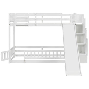 English Elm Twin Over Bunk Bed Solid Pine Frame with Slide LED Lights and Storage Staircase White 94.4 L x 100.4 W x 59.8 H W504S00348