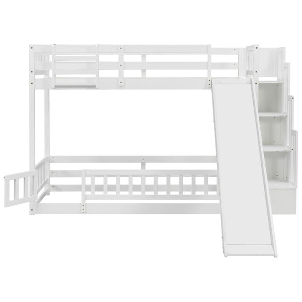 English Elm Twin Over Bunk Bed Solid Pine Frame with Slide LED Lights and Storage Staircase White 94.4 L x 100.4 W x 59.8 H W504S00348