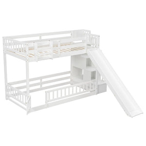 English Elm Twin Over Bunk Bed Solid Pine Frame with Slide LED Lights and Storage Staircase White 94.4 L x 100.4 W x 59.8 H W504S00348