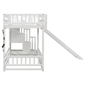 English Elm Twin Over Bunk Bed Solid Pine Frame with Slide LED Lights and Storage Staircase White 94.4 L x 100.4 W x 59.8 H W504S00348