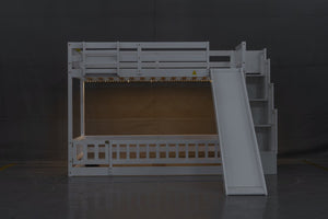 English Elm Twin Over Bunk Bed Solid Pine Frame with Slide LED Lights and Storage Staircase White 94.4 L x 100.4 W x 59.8 H W504S00348
