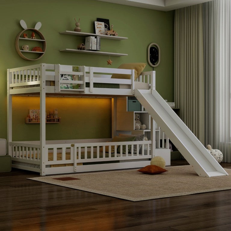 English Elm Twin Over Bunk Bed Solid Pine Frame with Slide LED Lights and Storage Staircase White 94.4 L x 100.4 W x 59.8 H W504S00348