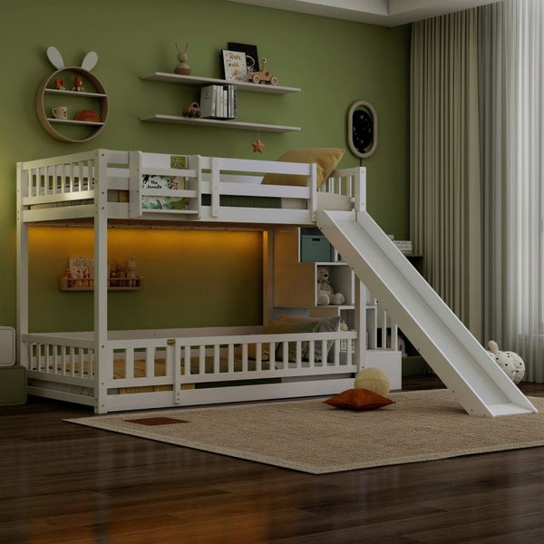 English Elm Twin Over Bunk Bed Solid Pine Frame with Slide LED Lights and Storage Staircase White 94.4 L x 100.4 W x 59.8 H W504S00348