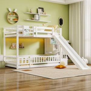English Elm Twin Over Bunk Bed Solid Pine Frame with Slide LED Lights and Storage Staircase White 94.4 L x 100.4 W x 59.8 H W504S00348