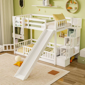 English Elm Twin Over Bunk Bed Solid Pine Frame with Slide LED Lights and Storage Staircase White 94.4 L x 100.4 W x 59.8 H W504S00348
