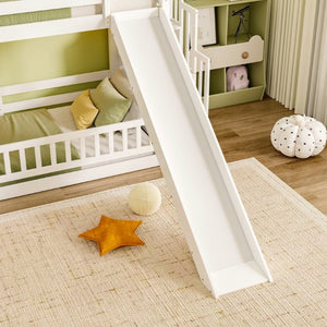 English Elm Twin Over Bunk Bed Solid Pine Frame with Slide LED Lights and Storage Staircase White 94.4 L x 100.4 W x 59.8 H W504S00348