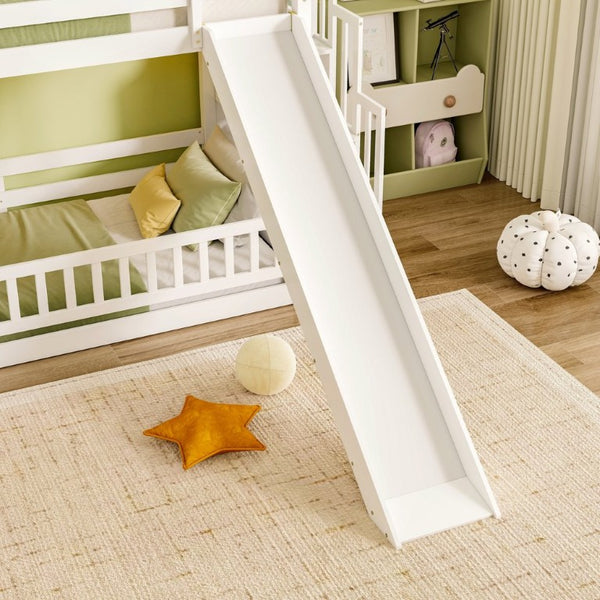 English Elm Twin Over Bunk Bed Solid Pine Frame with Slide LED Lights and Storage Staircase White 94.4 L x 100.4 W x 59.8 H W504S00348