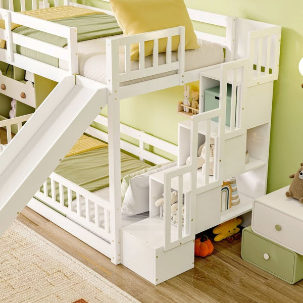 English Elm Twin Over Bunk Bed Solid Pine Frame with Slide LED Lights and Storage Staircase White 94.4 L x 100.4 W x 59.8 H W504S00348