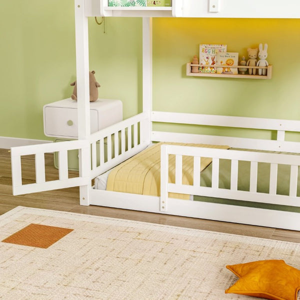 English Elm Twin Over Bunk Bed Solid Pine Frame with Slide LED Lights and Storage Staircase White 94.4 L x 100.4 W x 59.8 H W504S00348