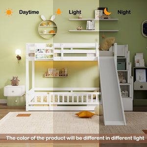English Elm Twin Over Bunk Bed Solid Pine Frame with Slide LED Lights and Storage Staircase White 94.4 L x 100.4 W x 59.8 H W504S00348