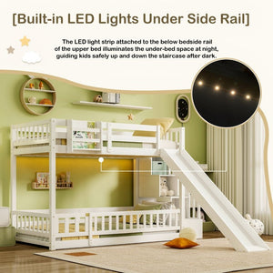 English Elm Twin Over Bunk Bed Solid Pine Frame with Slide LED Lights and Storage Staircase White 94.4 L x 100.4 W x 59.8 H W504S00348