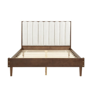 English Elm Queen Platform Bed Walnut Pine Frame Segmented Upholstered Headboard No Box Spring W504S00368