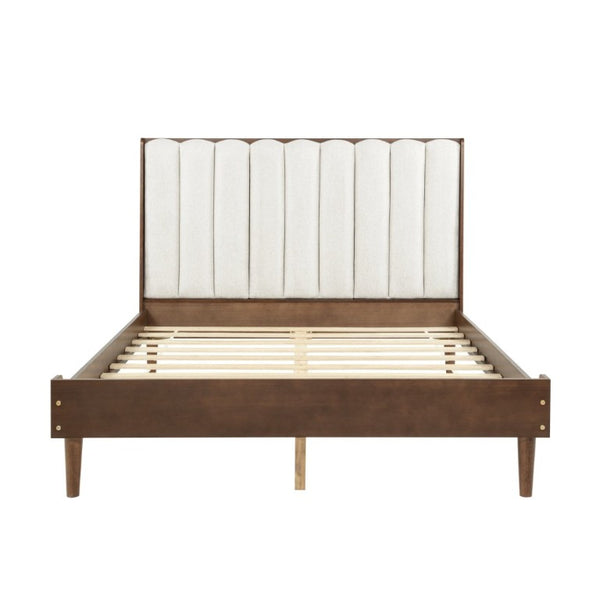 English Elm Queen Platform Bed Walnut Pine Frame Segmented Upholstered Headboard No Box Spring W504S00368