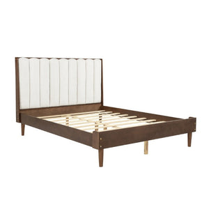 English Elm Queen Platform Bed Walnut Pine Frame Segmented Upholstered Headboard No Box Spring W504S00368