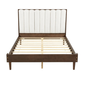 English Elm Queen Platform Bed Walnut Pine Frame Segmented Upholstered Headboard No Box Spring W504S00368