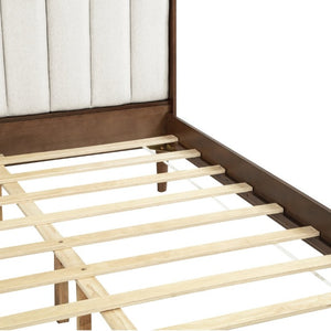 English Elm Queen Platform Bed Walnut Pine Frame Segmented Upholstered Headboard No Box Spring W504S00368