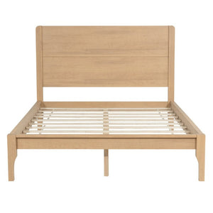 English Elm Queen Farmhouse Platform Bed Solid Pine Tall Headboard Tapered Legs Oak Finish Natural W504S00376