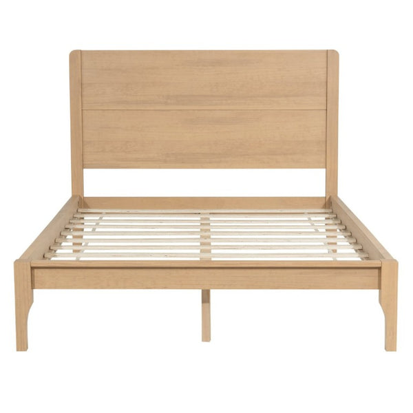 English Elm Queen Farmhouse Platform Bed Solid Pine Tall Headboard Tapered Legs Oak Finish Natural W504S00376