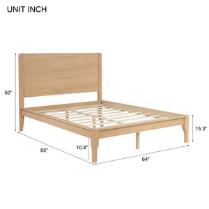 English Elm Queen Farmhouse Platform Bed Solid Pine Tall Headboard Tapered Legs Oak Finish Natural W504S00376