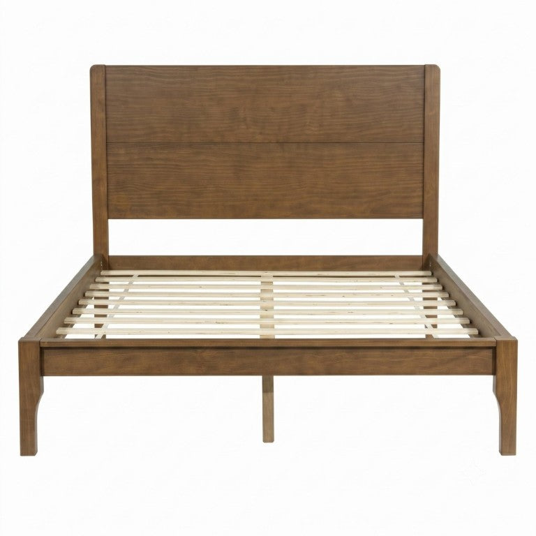 English Elm Queen Farmhouse Platform Bed Solid Pine Tall Headboard Tapered Legs Oak Finish Walnut W504S00377