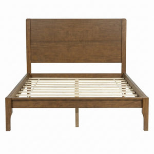 English Elm Queen Farmhouse Platform Bed Solid Pine Tall Headboard Tapered Legs Oak Finish Walnut W504S00377