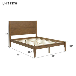 English Elm Queen Farmhouse Platform Bed Solid Pine Tall Headboard Tapered Legs Oak Finish Walnut W504S00377