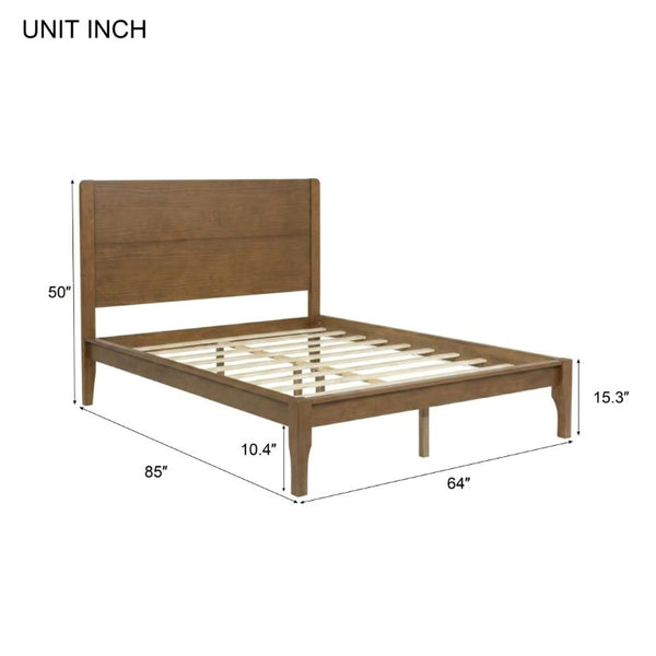 English Elm Queen Farmhouse Platform Bed Solid Pine Tall Headboard Tapered Legs Oak Finish Walnut W504S00377