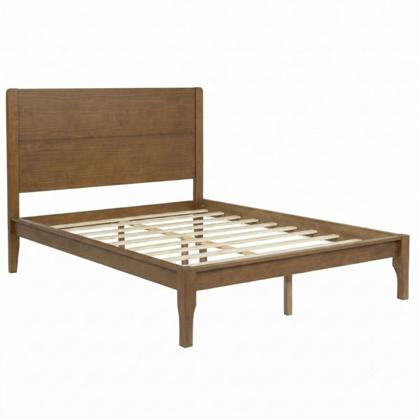 English Elm Queen Farmhouse Platform Bed Solid Pine Tall Headboard Tapered Legs Oak Finish Walnut W504S00377