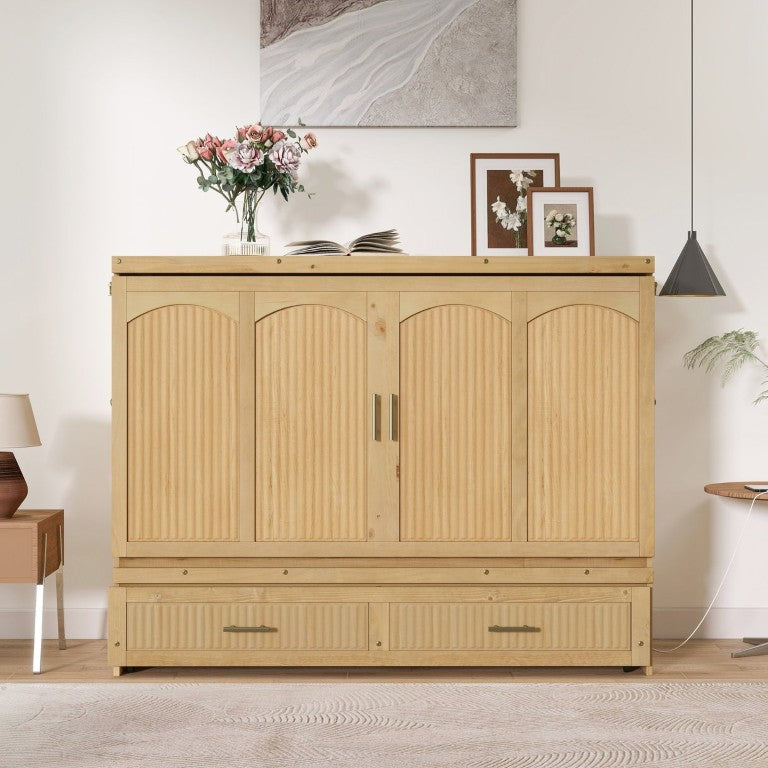 English Elm Queen Murphy Cabinet Bed Pine Wood with Charging Station and Ripple Panel Doors Light Teak W504S00381