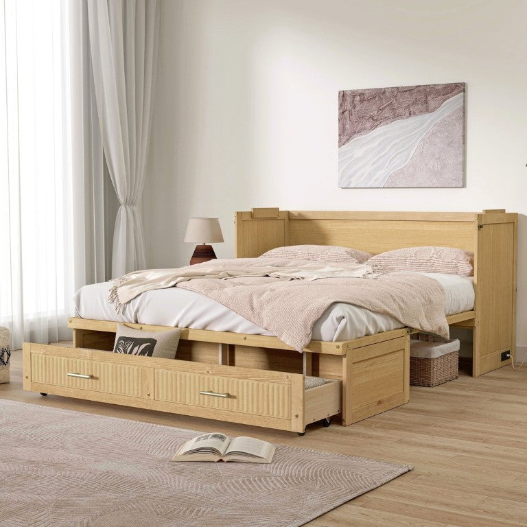 English Elm Queen Murphy Cabinet Bed Pine Wood with Charging Station and Ripple Panel Doors Light Teak W504S00381